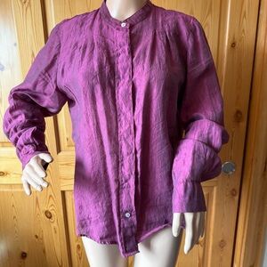 Cut Loose Tunic Top Womens L Tencel Blend Crinkle Lagenlook Purple Button Up
